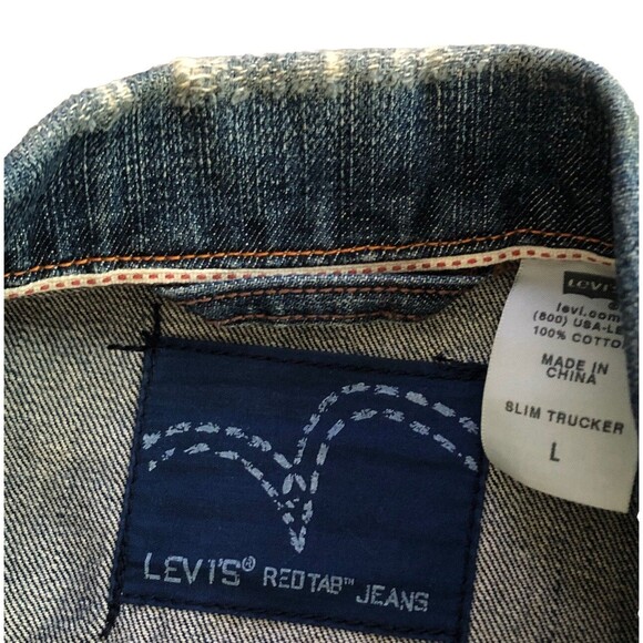 Levis Slim Trucker Jean Jacket Size L Y2k Red Tab Distressed Dark Wash Denim - Picture 3 of 14